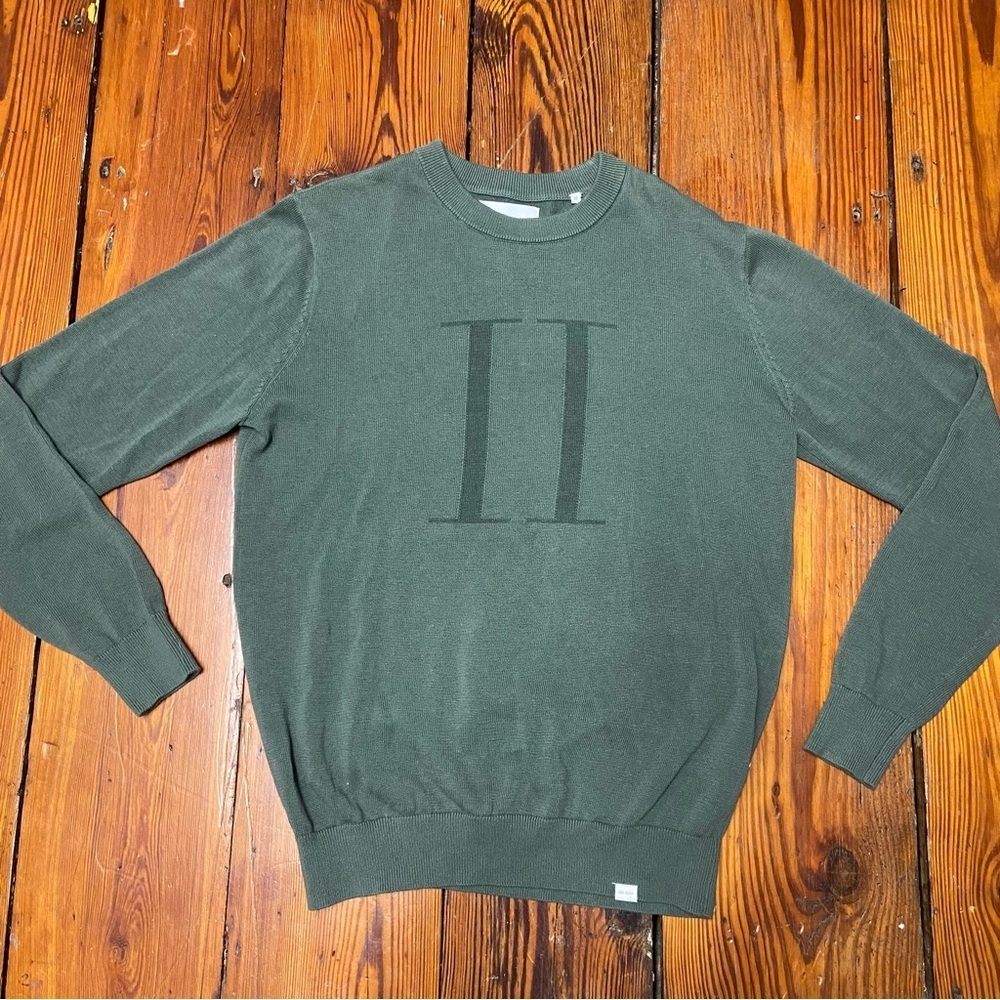 Les Deux Men’s Encore Linen Intarsia Knit Crewneck Sweater Size M Chive Green